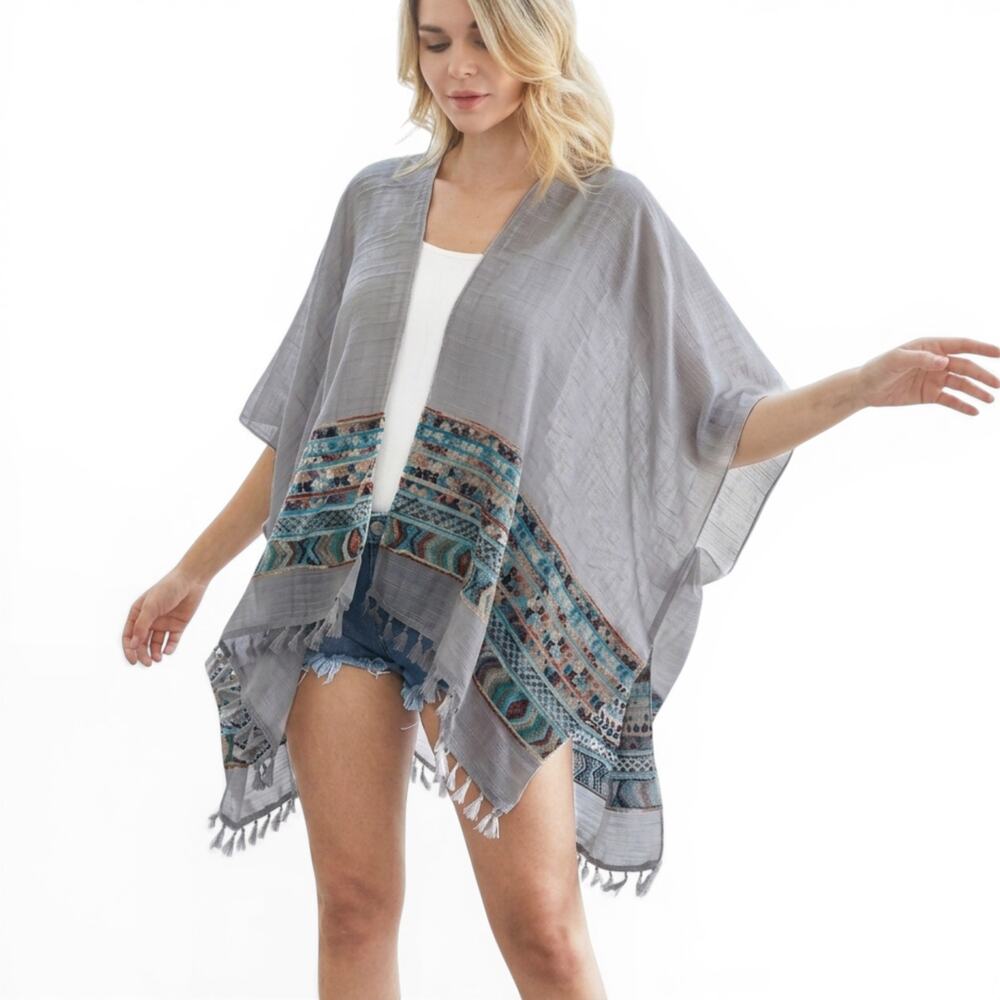 NWT RAJ Aztec Embroidered Tassel Trim Beach Cover-up Boho Kimono Shawl Wrap
